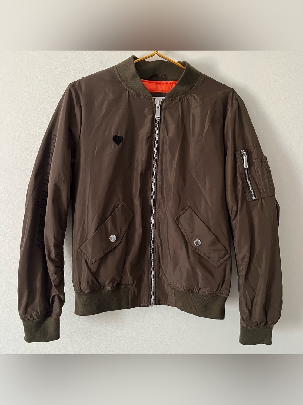 BCBGeneration Olive Green Brown Bomber Jacket Black Heart Accent Embroidered L